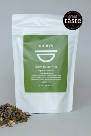 Emeyu’s Eight Butterflies is our signature tea. A quality organic green tea, fresh and energizing tea blend with organic strawberry pieces, organic cornflower petals and organic rose petals. 80 g loose weight tea in a resealable and sustainable doypack bag. Emeyu’s Winner of Great Taste 2020.