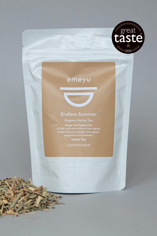 Emeyu’s Endless Summer is a cooling and refreshing organic herbal tea with organic ginger, organic peppermint, organic lemongrass, organic lavender caffeine-free herbal tea in 75 g loose weight in sustainable packaging. One of Emeyu’s Great Taste 2020 winners. A nice cool and refreshing herbal tea also great as ice-tea.