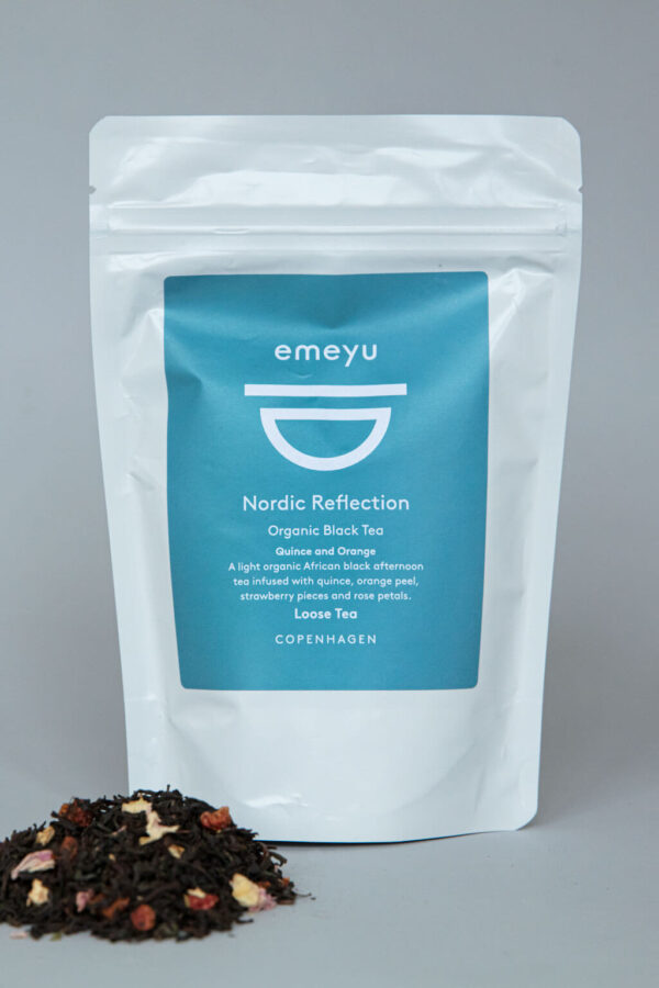 Emeyu’s Nordic Reflection is an organic high quality black morning or afternoon tea with quince and orange. Nordic Reflection is a smooth and aromatic organic black tea that comes in loose tea 80 grams in a resealable and sustainable bag.