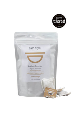 Endless Summer an organic and award winning herbal tea with ginger and peppermint. 20 hand sewn cotton teabags laid in a bag.