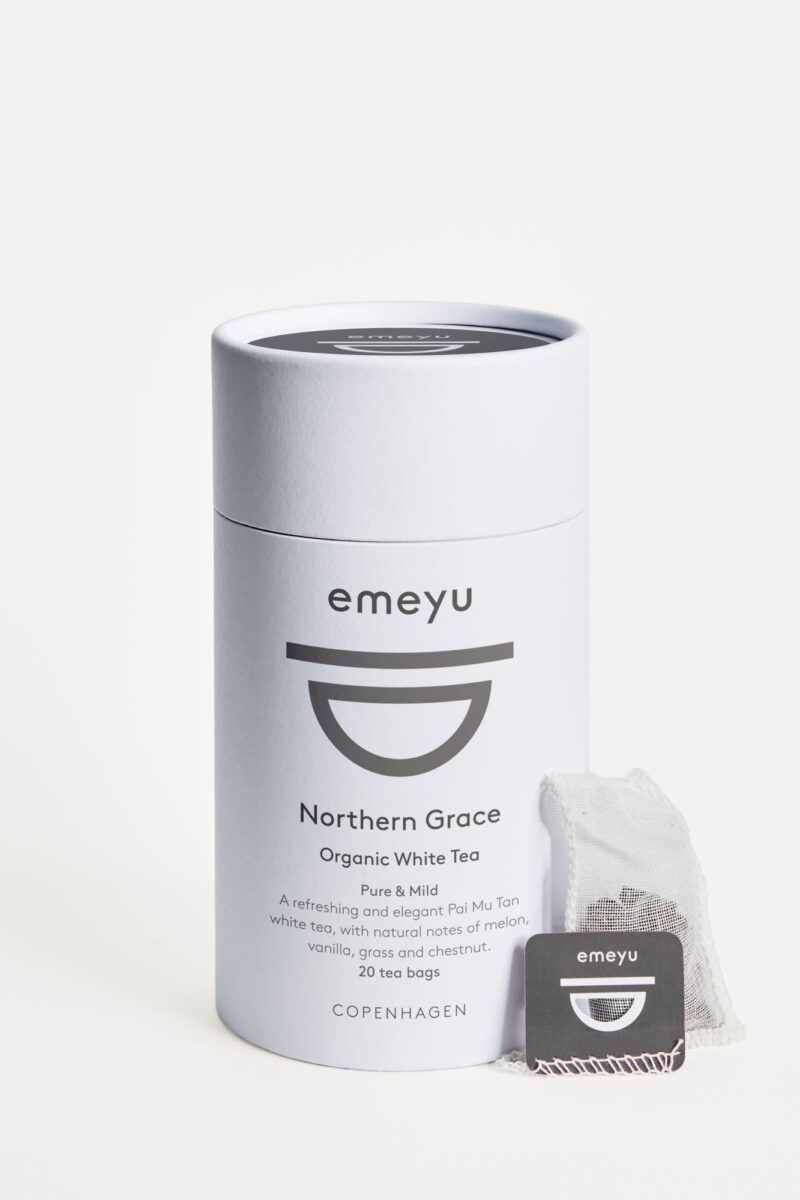 Northern Grace an organic and premium white tea/Pai Mu Tan packed in a bag with 20 hand sewn cotton teabags in a tube.