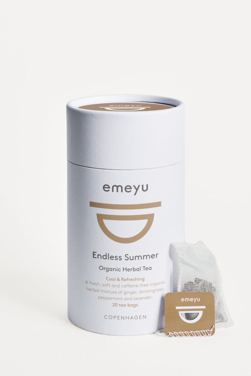 Endless Summer is an organic caffeine-free herbal tea with ginger, peppermint, lemongrass and lavender, 20 hand sewn cotton teabags in a tube.