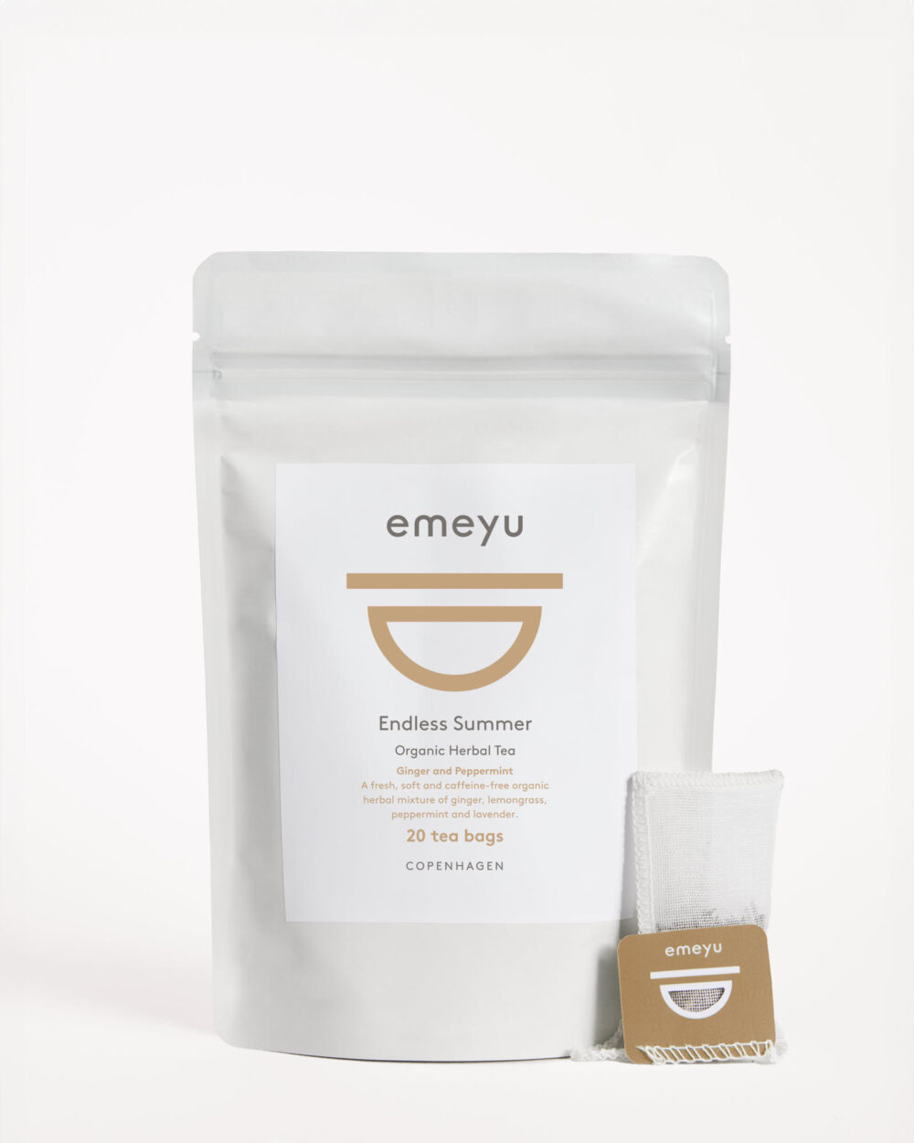 Endless Summer is an organic caffeine-free herbal tea with ginger, peppermint, lemongrass and lavender, 20 hand sewn cotton teabags.