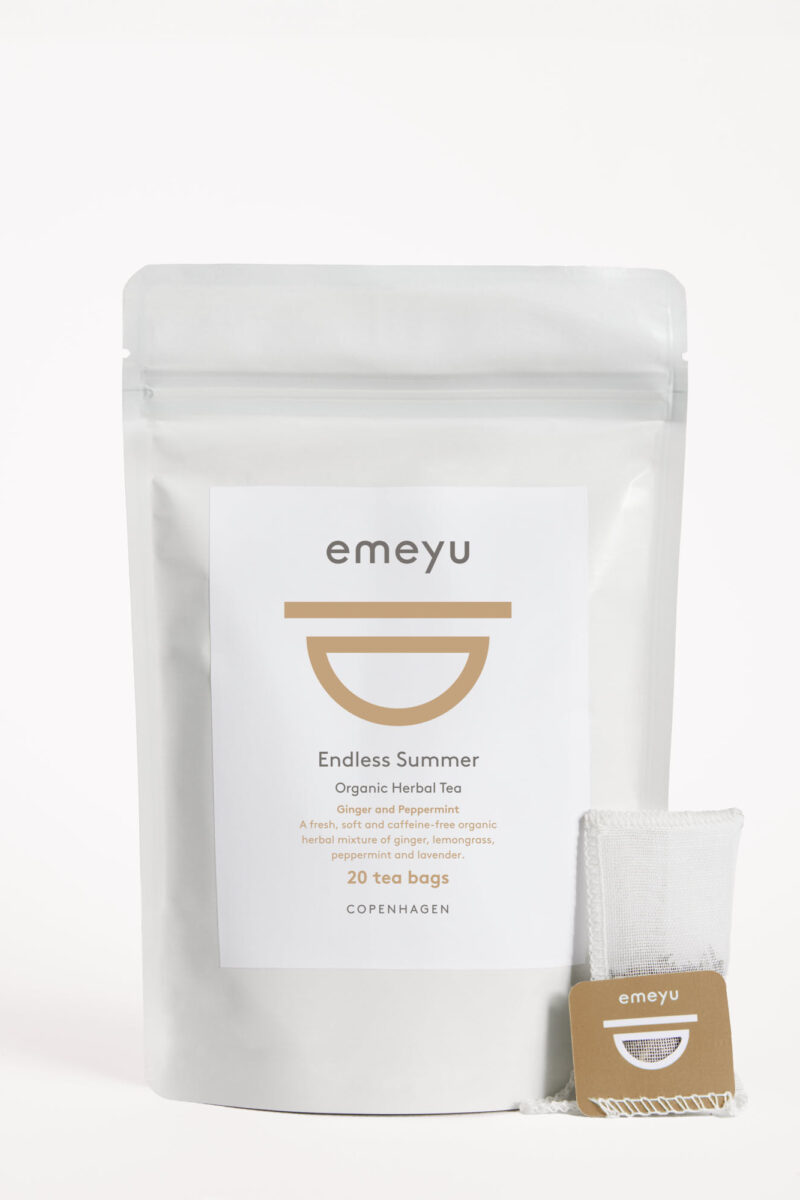 Endless Summer is an organic caffeine-free herbal tea with ginger, peppermint, lemongrass and lavender, 20 hand sewn cotton teabags.