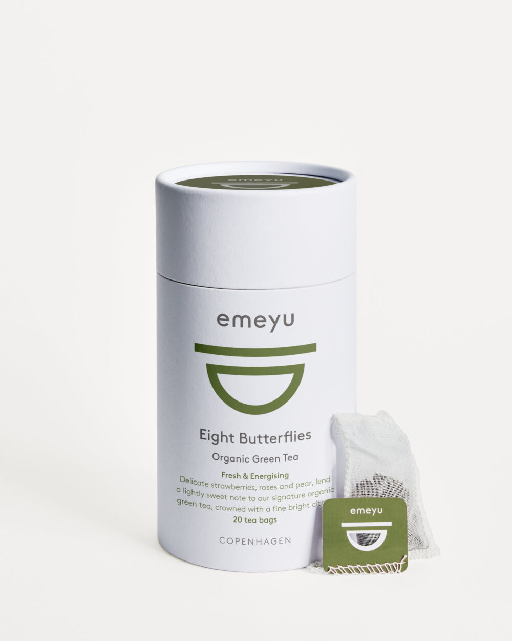 Eight Butterflies is an organic award winning premium green tea in a bag with 20 hand sewn cotton teabags in a tube.