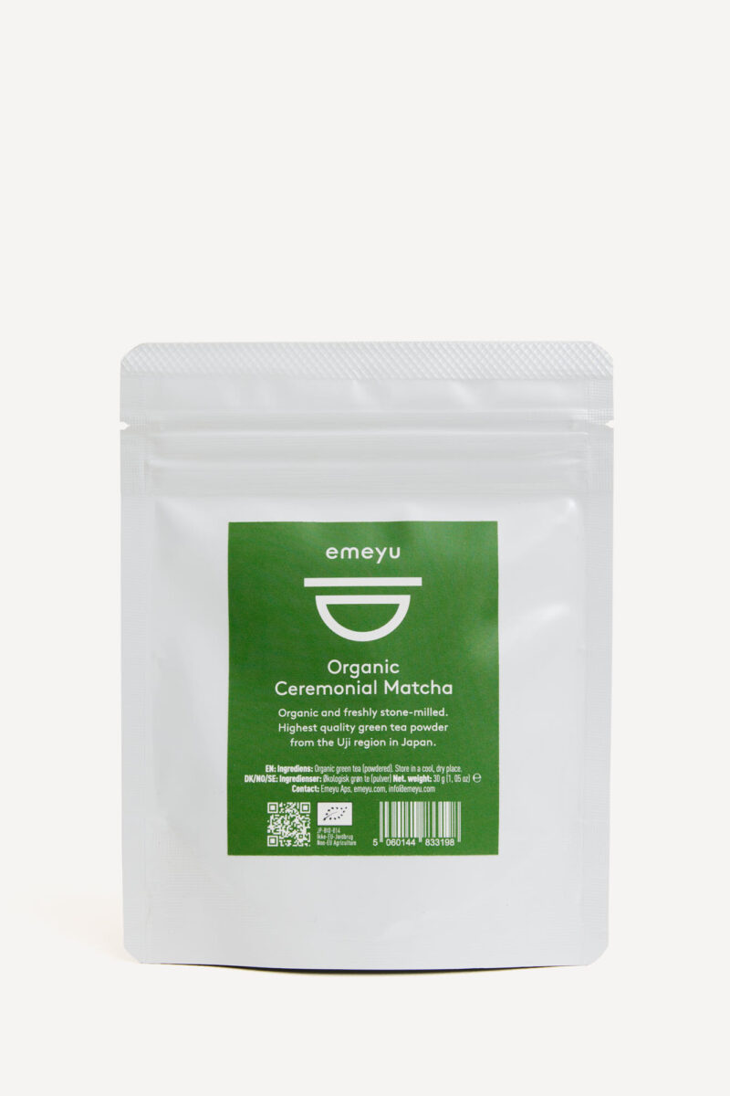 Organic Ceremoniel Matcha 30 g in a pouch. This ceremonielle matcha is from Wazuka in Japan and can be used for Koicha and Usucha.