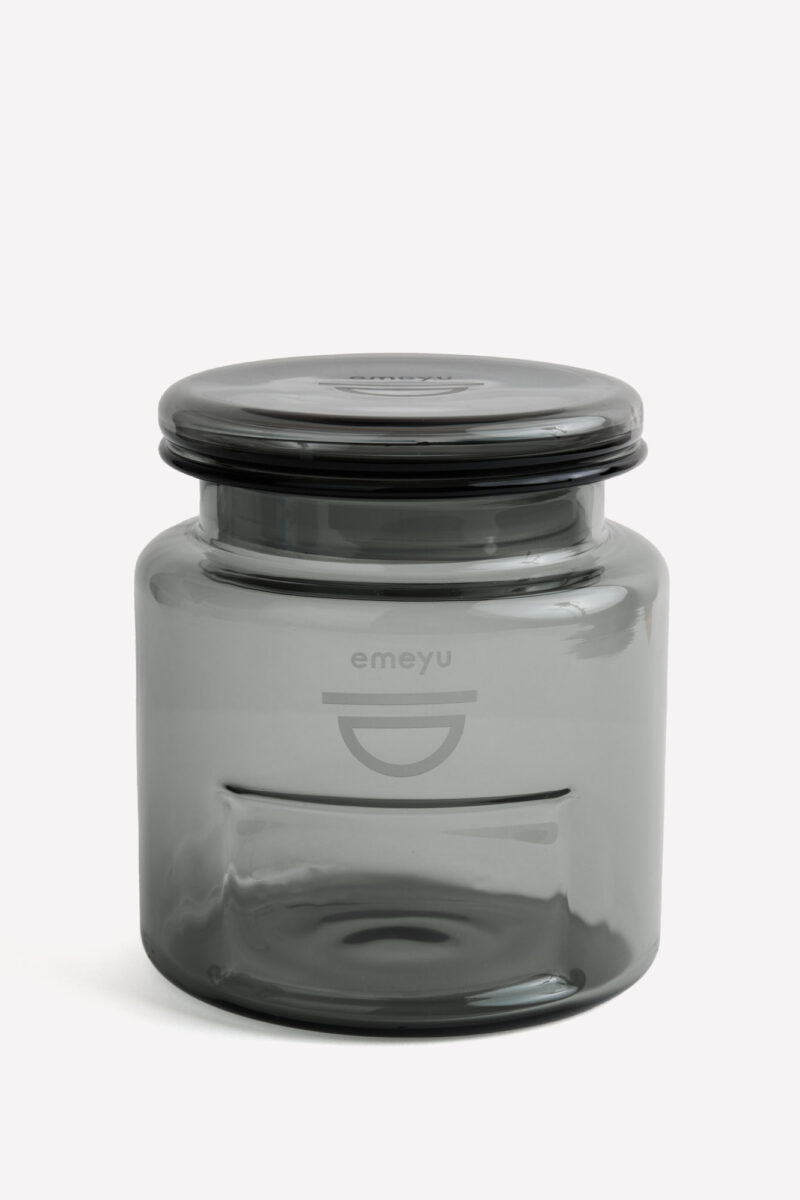 Emeyu's smoked glass tea canister for loose tea or teabags.